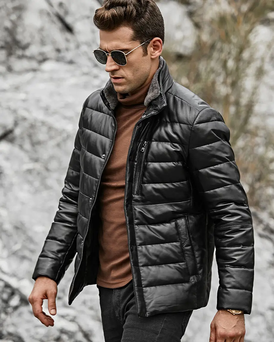 Seattle Men's Lambskin Flavor Leather Puffer Jacket with Removable Fur Collar - Image 5
