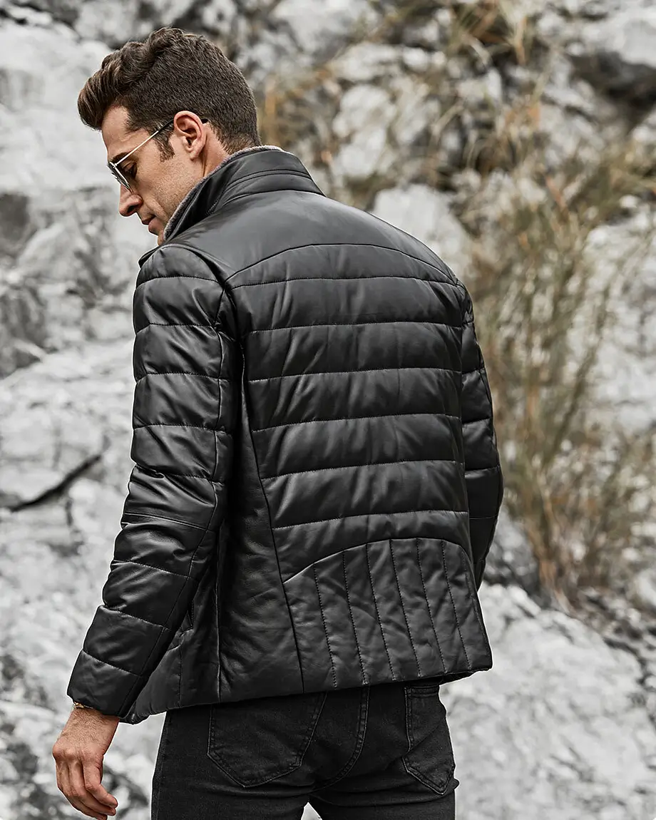 Seattle Men's Lambskin Flavor Leather Puffer Jacket with Removable Fur Collar - Image 6