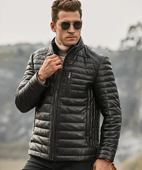 Alternative view of Seattle Men's Flavor Leather Puffer Jacket with Fur collar