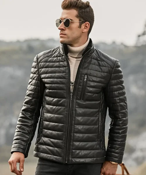 Seattle Men's Flavor Leather Puffer Jacket with Fur collar