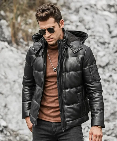 Alternative view of St. Louis Men's Leather Puffer Flavor Jacket Removable Hooded