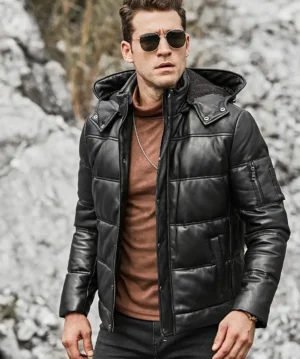 St. Louis Men's Leather Puffer Flavor Jacket Removable Hooded