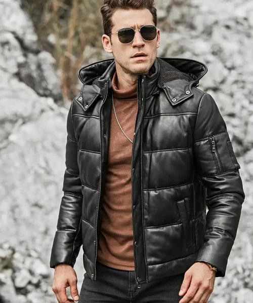 St. Louis Men's Leather Puffer Flavor Jacket Removable Hooded