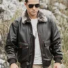Tom Mens Aviator Bomber Real Cowhide Leather Jacket with Shearling Collar - Image 2