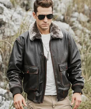 Alternative view of Tom Mens Aviator Bomber Real Cowhide Leather Jacket with Shearling Collar