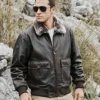 Tom Mens Aviator Bomber Real Cowhide Leather Jacket with Shearling Collar - Image 3
