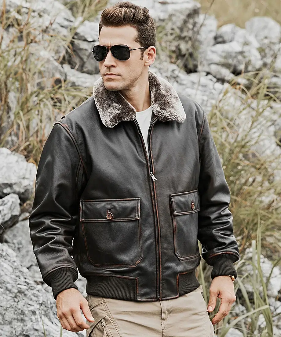 Tom Mens Aviator Bomber Real Cowhide Leather Jacket with Shearling Collar - Image 3
