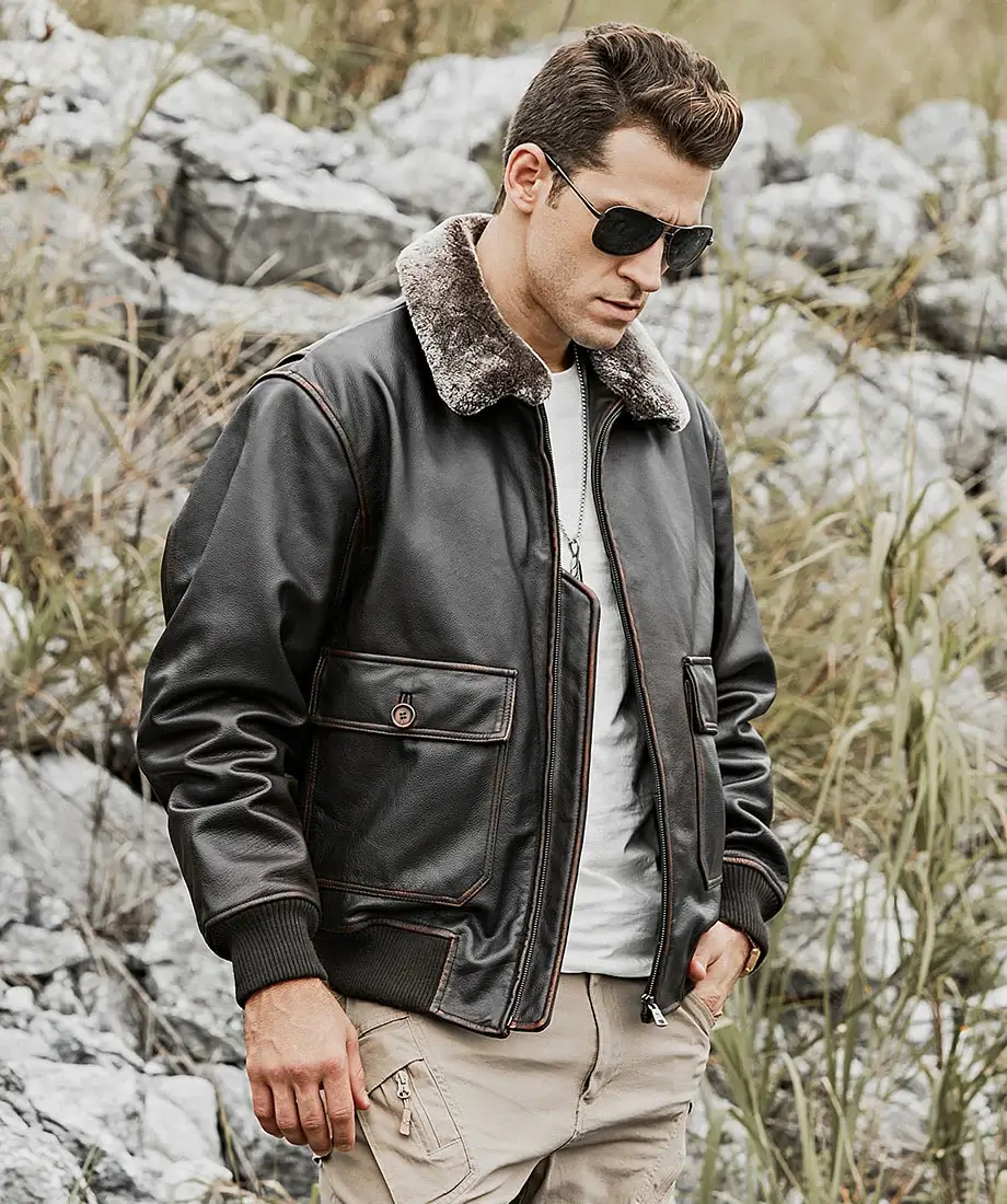 Tom Mens Aviator Bomber Real Cowhide Leather Jacket with Shearling Collar - Image 4