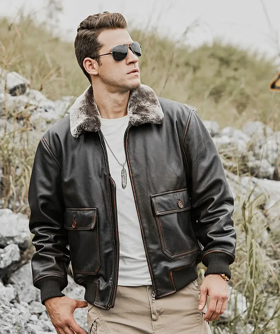 Tom Mens Aviator Bomber Real Cowhide Leather Jacket with Shearling Collar - Image 5