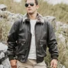 Tom Mens Aviator Bomber Real Cowhide Leather Jacket with Shearling Collar - Image 6