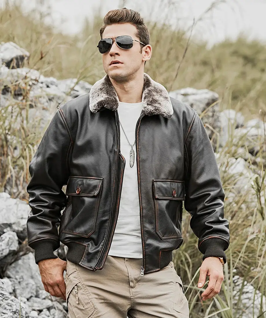 Tom Mens Aviator Bomber Real Cowhide Leather Jacket with Shearling Collar - Image 6