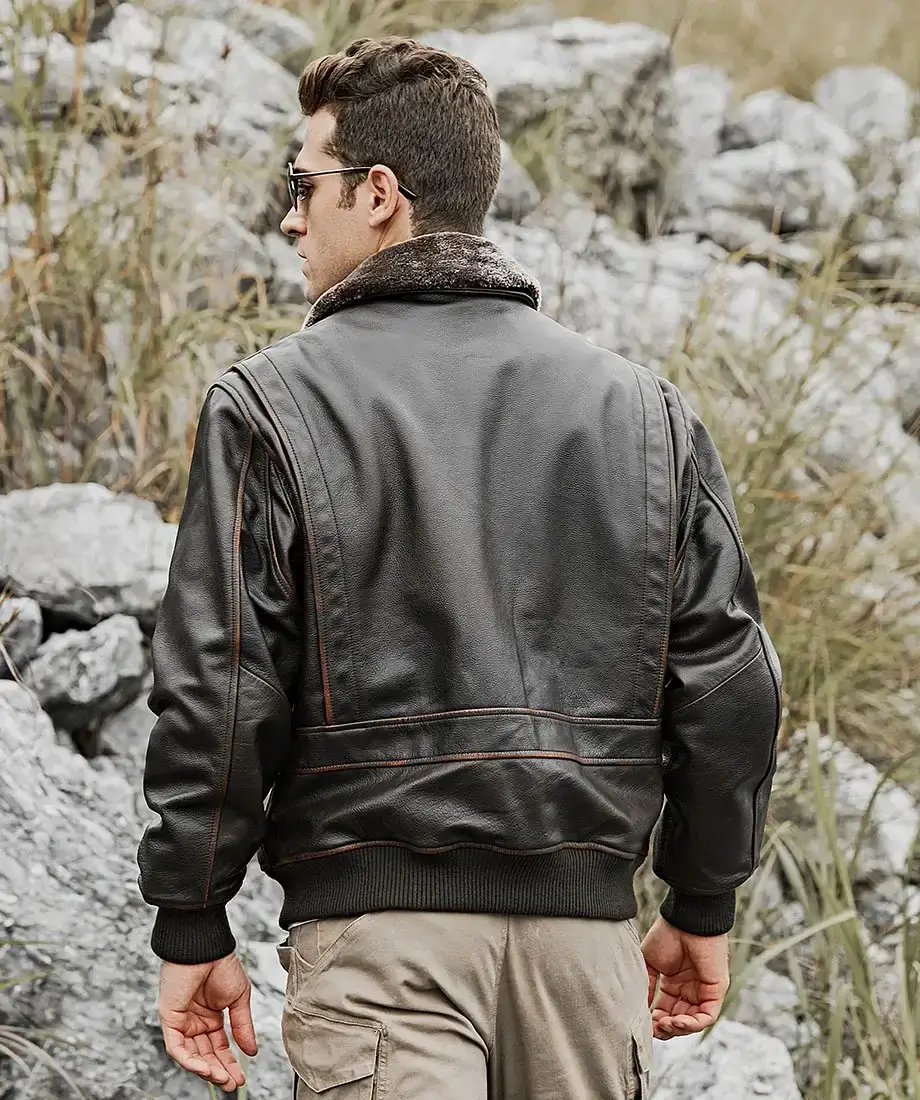 Tom Mens Aviator Bomber Real Cowhide Leather Jacket with Shearling Collar - Image 7