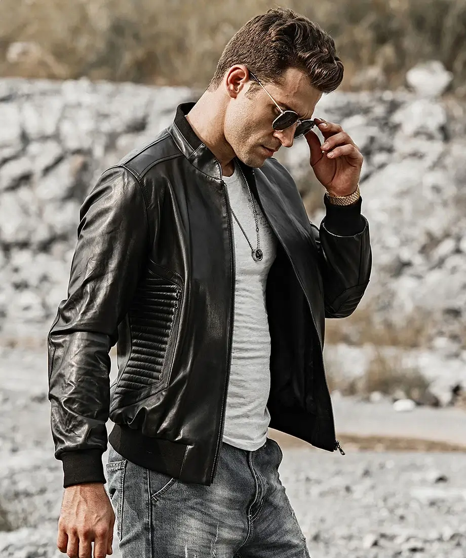 Tucson Men's Stand collar Real Leather Moto Jacket - Image 3