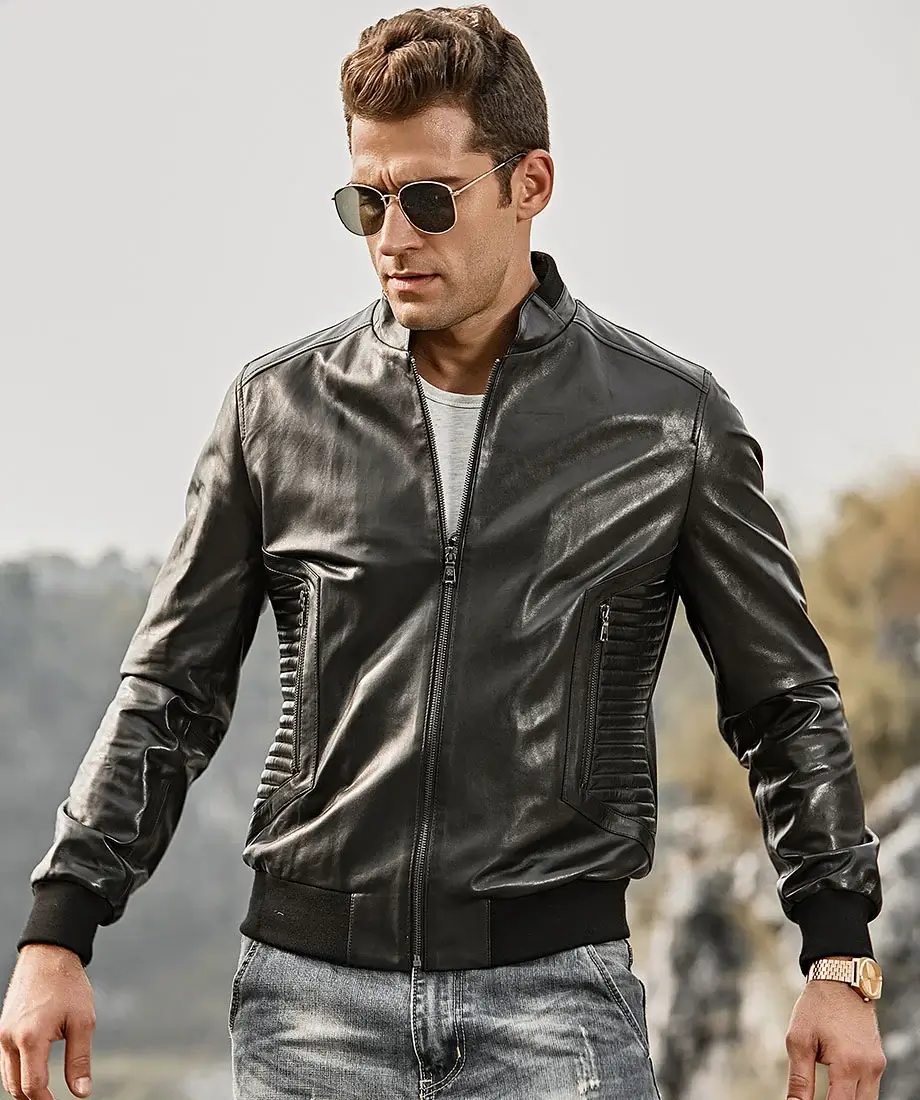 Tucson Men's Stand collar Real Leather Moto Jacket - Image 6