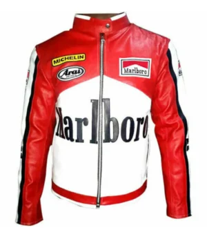 Great Vintage Men Leather Jacket White Red Motorcycle Racing Rare