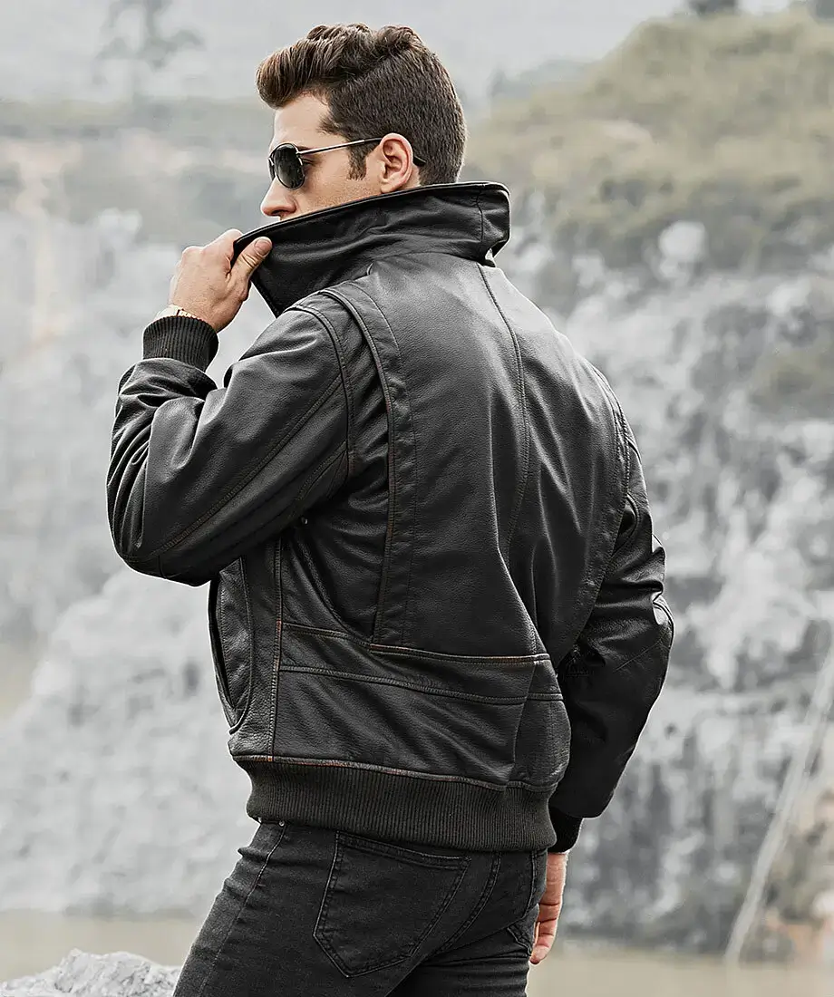 Weston Men's Black Aviator Leather Bomber Jacket - Image 6