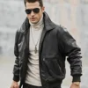 Weston Men's Black Aviator Leather Bomber Jacket - Image 2
