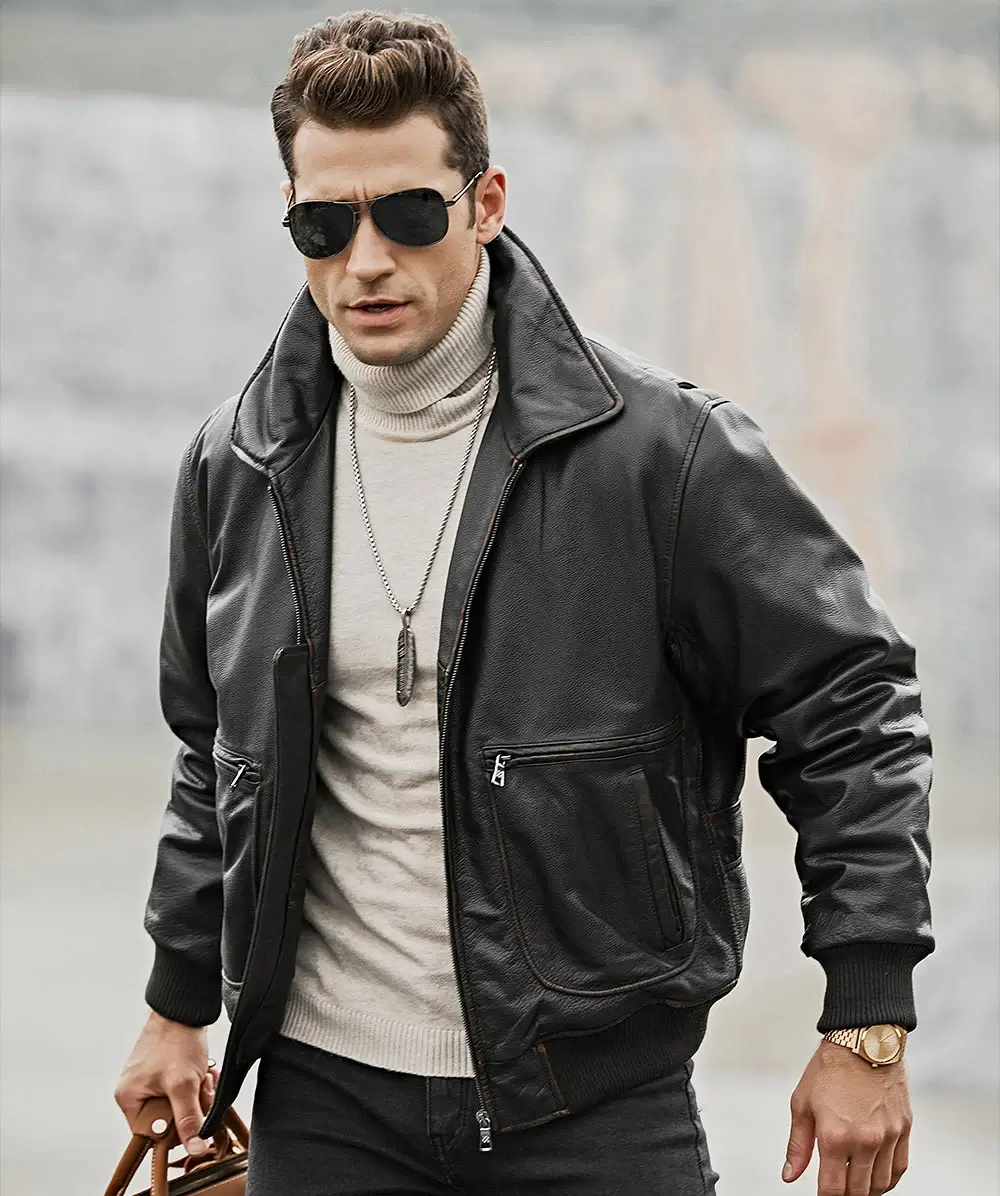 Weston Men's Black Aviator Leather Bomber Jacket - Image 2