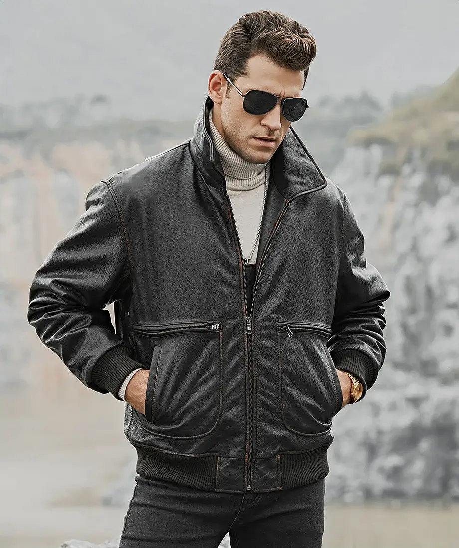 Weston Men's Black Aviator Leather Bomber Jacket - Image 3
