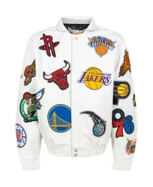 White NBA Teams Collage Jeff Hamilton Multi Patch Wool Jacket