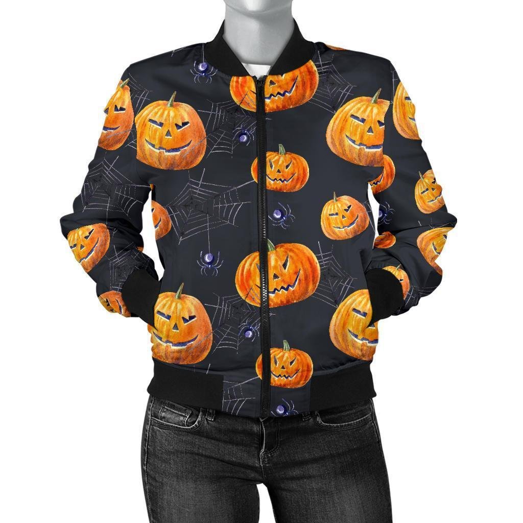 Halloween Letterman Pumpkin Print Bomber Black Jacket - Image 4