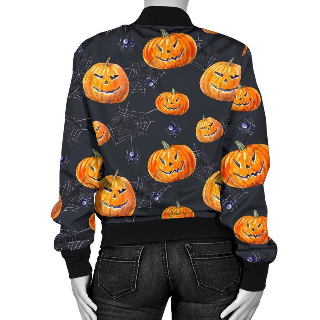 Halloween Letterman Pumpkin Print Bomber Black Jacket - Image 5