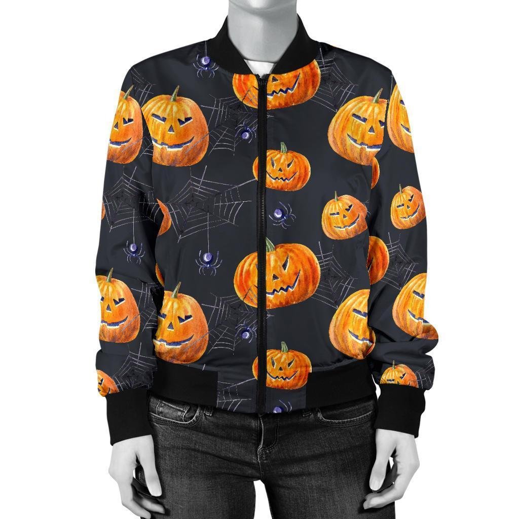 Halloween Letterman Pumpkin Print Bomber Black Jacket - Image 2