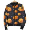Halloween Letterman Pumpkin Print Bomber Black Jacket