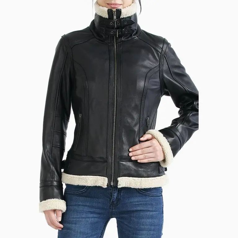 Women B3 Bomber Black Sheepskin Shearling Leather Jacket - Image 5