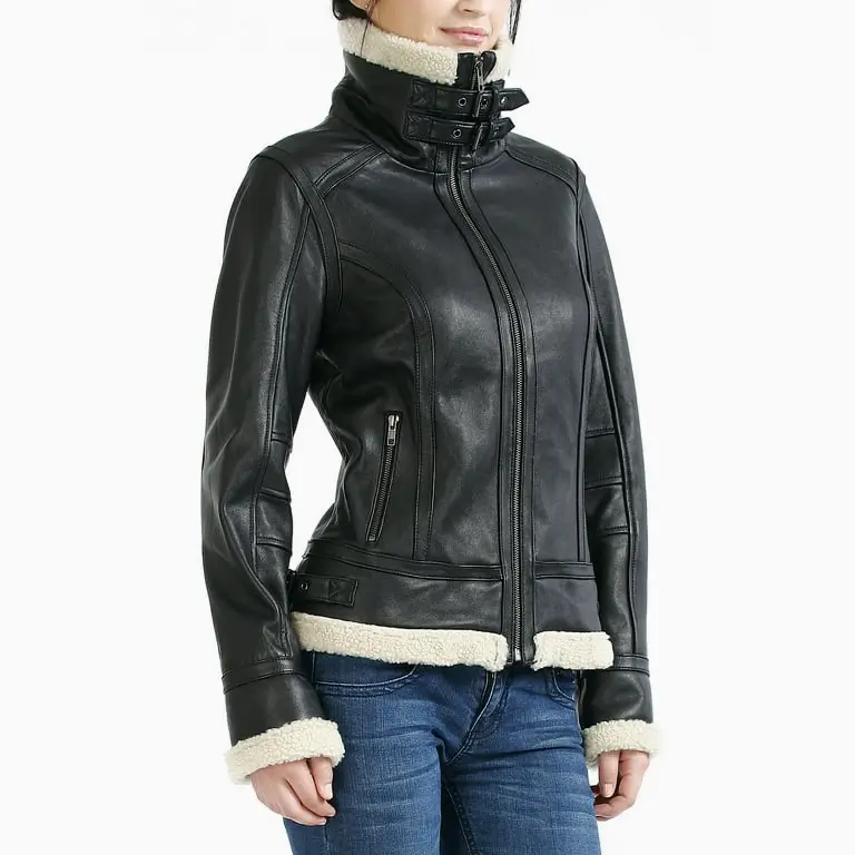Women B3 Bomber Black Sheepskin Shearling Leather Jacket - Image 6