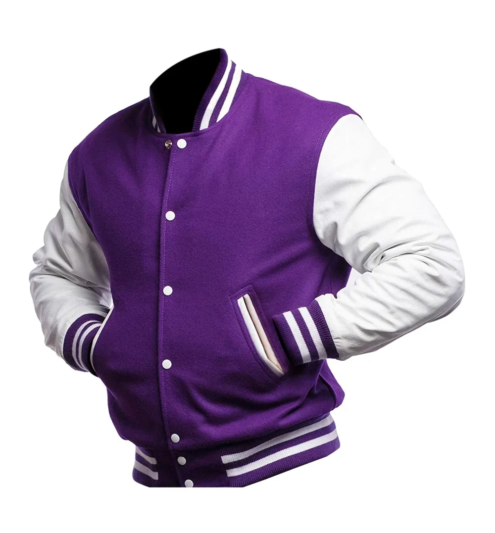 Alternative view of College Highschool Letterman Baseball Purple & White Varsity Jacket