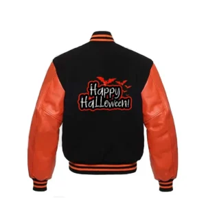 Happy Halloween Varsity Jacket with pumpkin logo and orange sleeves
