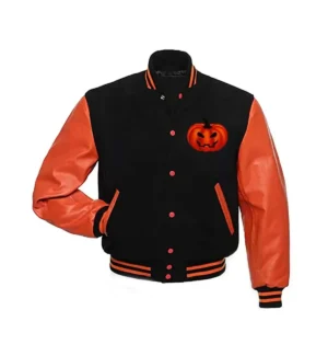 Happy Halloween Varsity Jacket with pumpkin logo and orange sleeves.