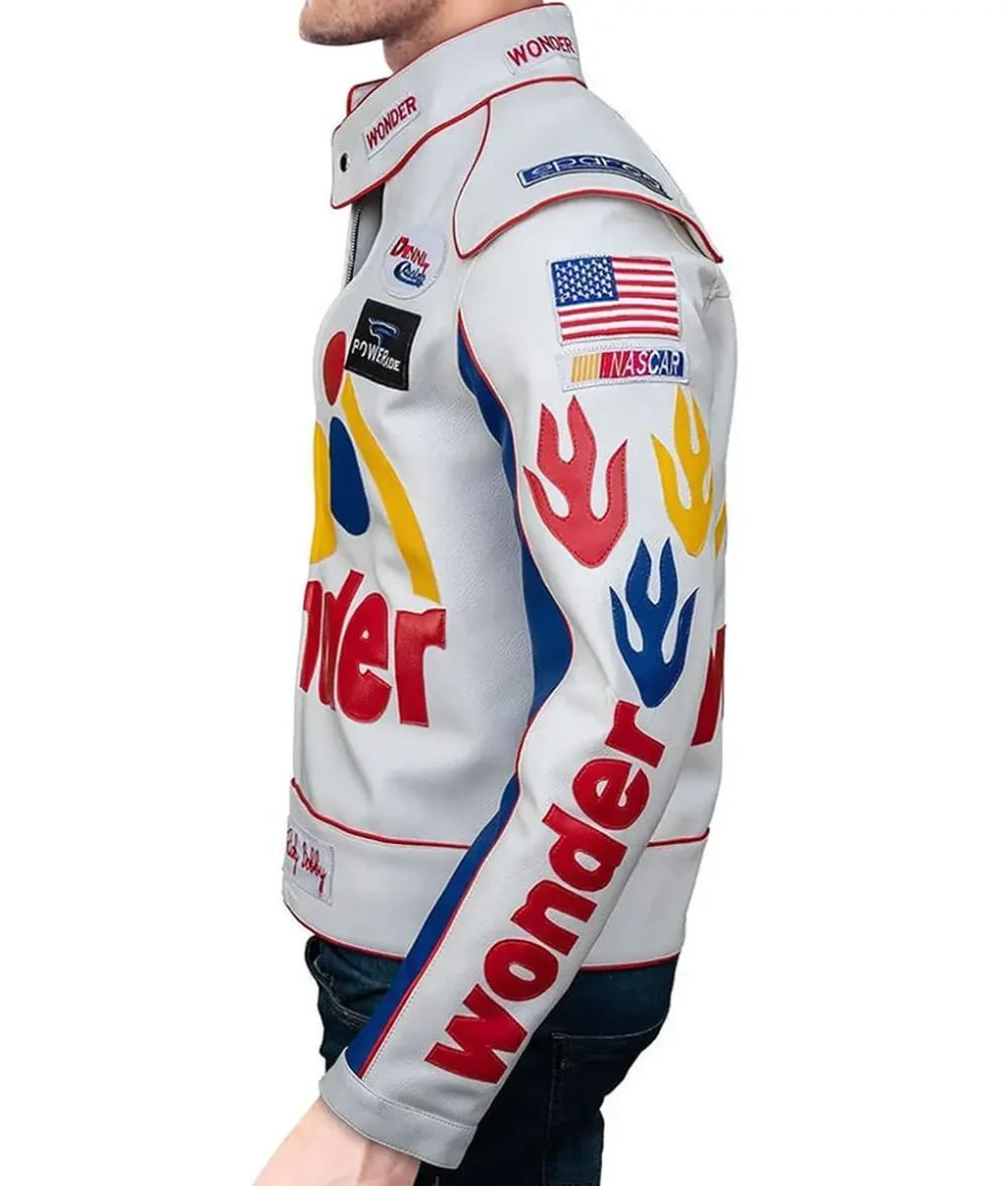 Side view of the Ricky Bobby Wonder Bread Leather Jacket