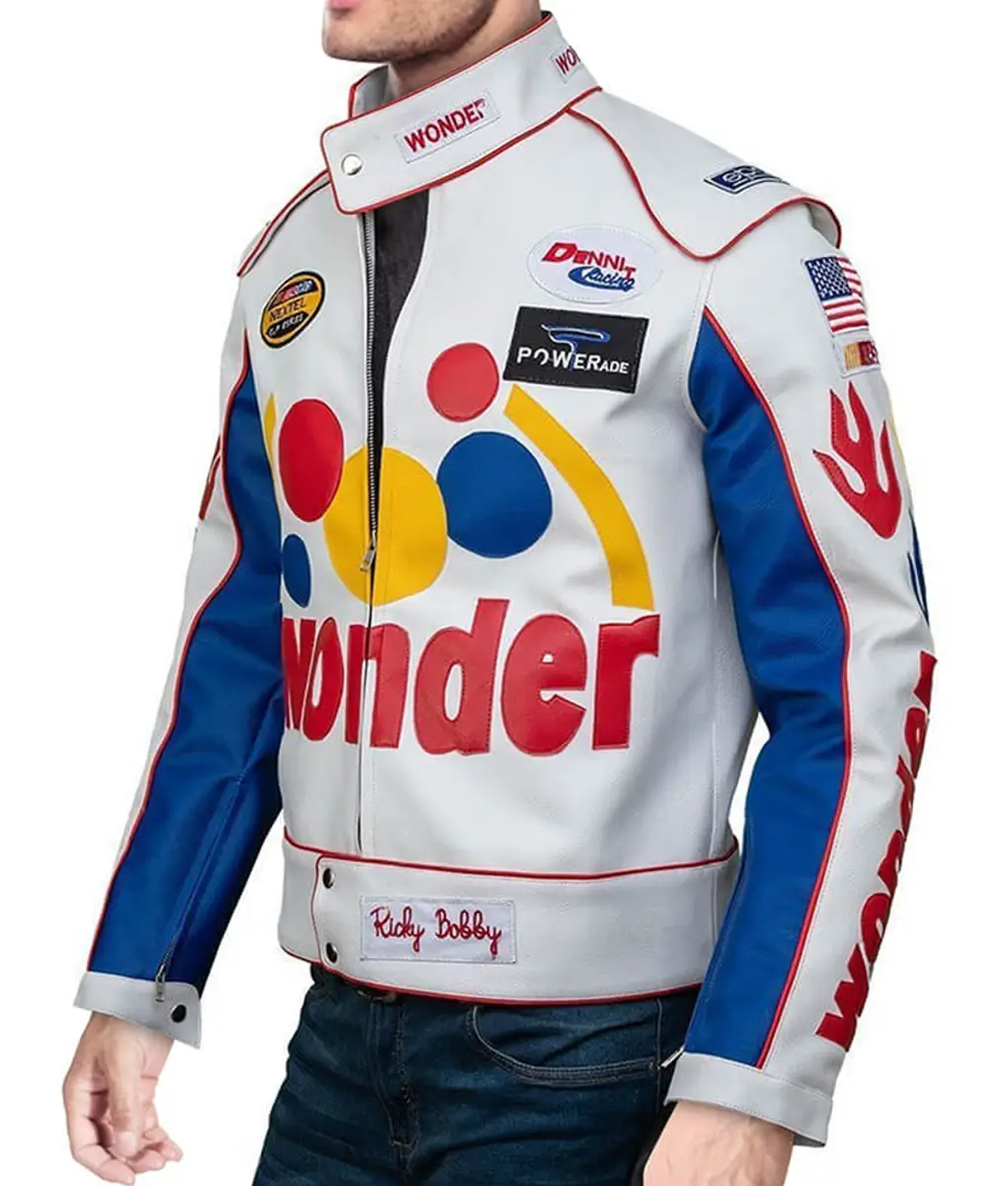Side view of Ricky Bobby Wonder Bread Jacket with colorful patches