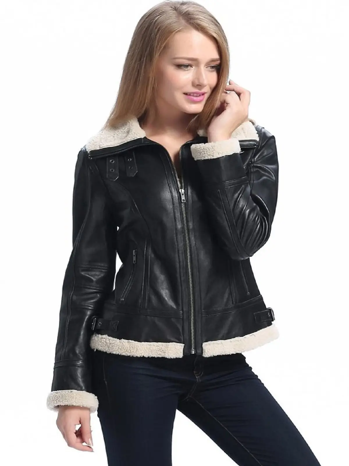 Women B3 Bomber Black Sheepskin Shearling Leather Jacket - Image 3