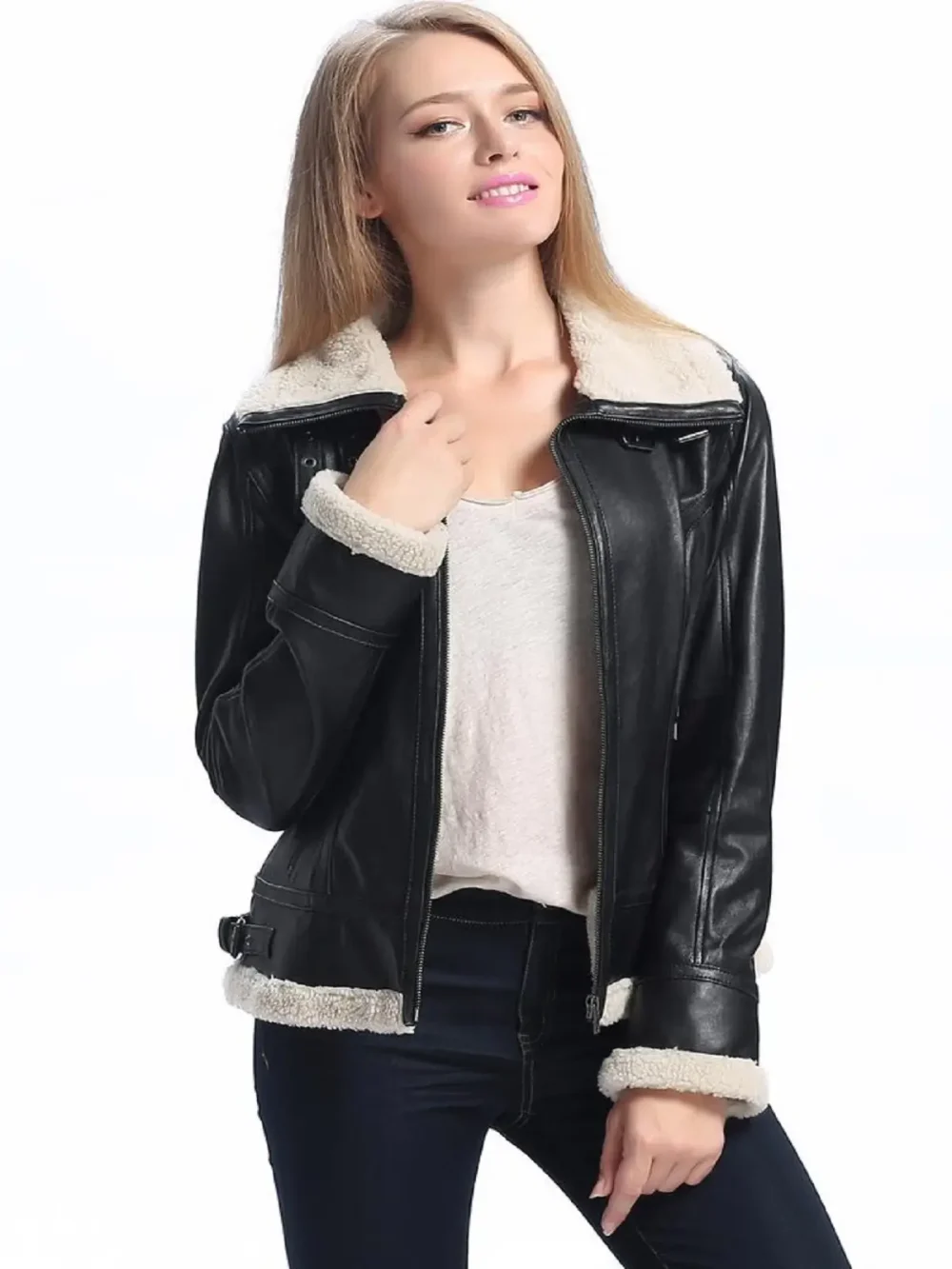 Alternative view of Women B3 Bomber Black Sheepskin Shearling Leather Jacket