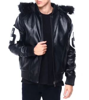 Mens Black 8 Ball Real Leather Hooded Jacket
