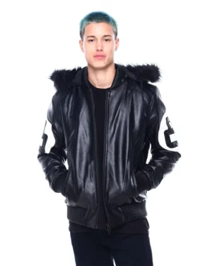 Alternative view of Mens Black 8 Ball Real Leather Hooded Jacket