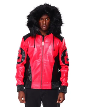Alternative view of Mens Black Red 8 Ball Hooded Leather Jacket