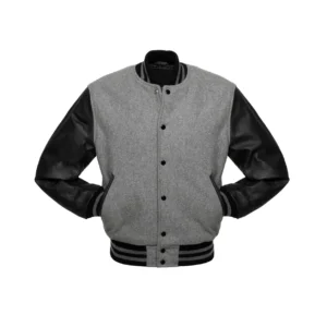 Men’s Grey/Black Letterman Varsity Wool Jacket Leather Sleeve