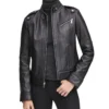 Moto Black Stand Collar Biker Leather Jacket