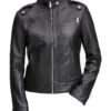 Moto Black Stand Collar Biker Leather Jacket - Image 4