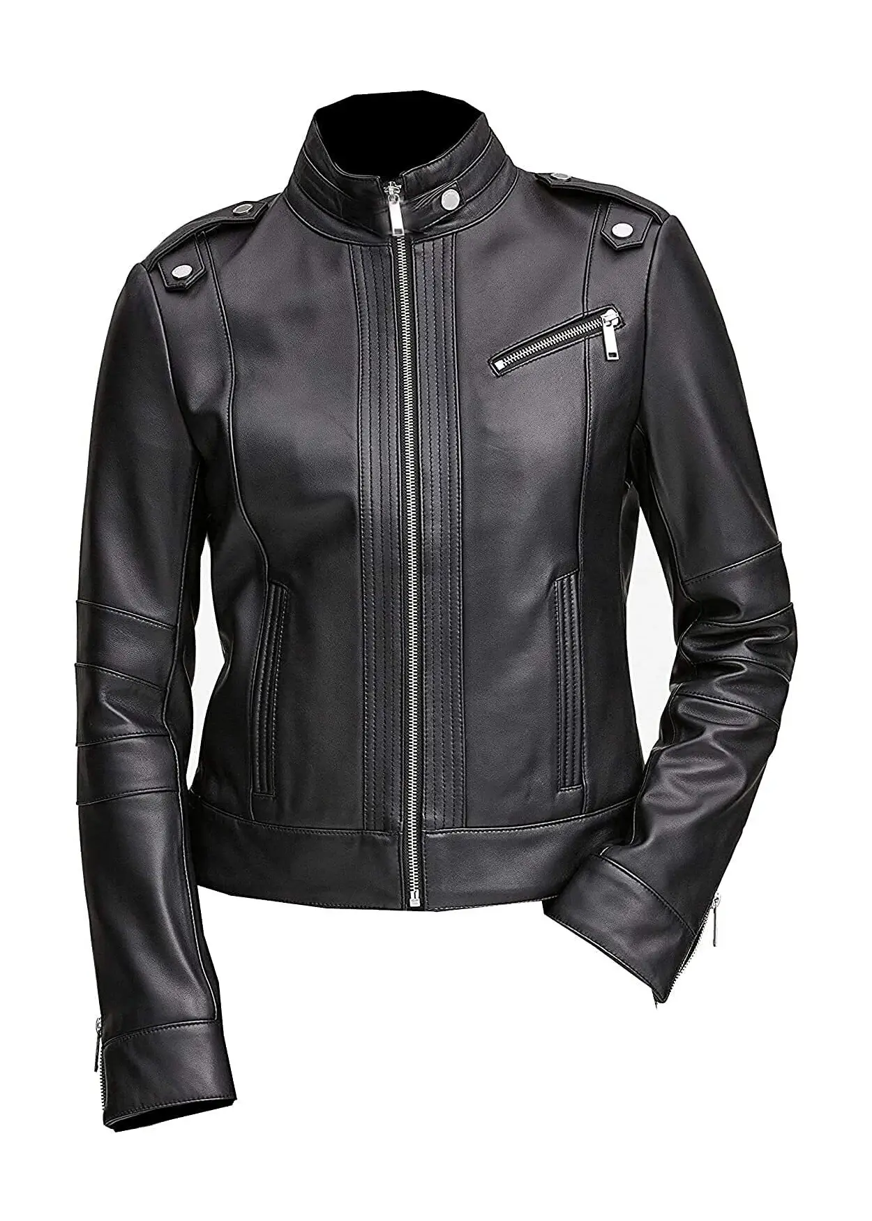 Moto Black Stand Collar Biker Leather Jacket - Image 4