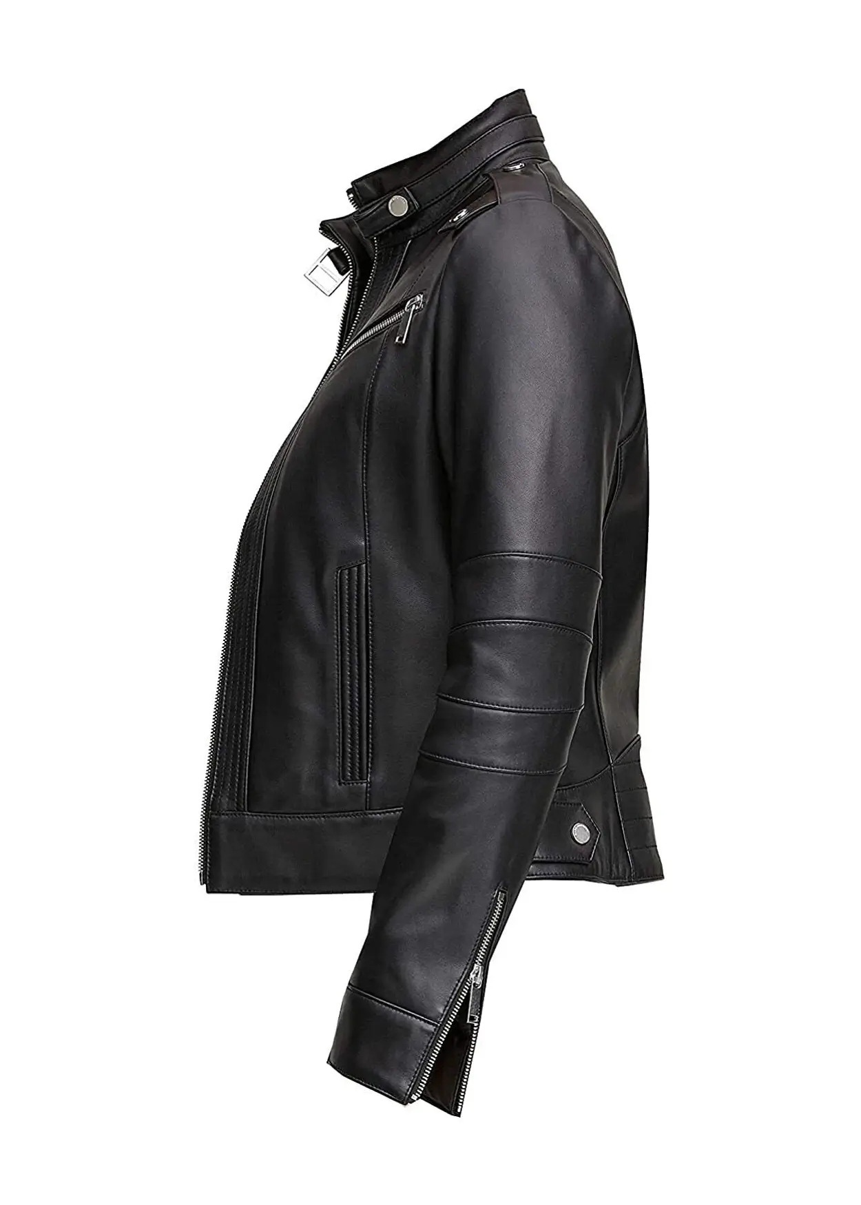 Moto Black Stand Collar Biker Leather Jacket - Image 6