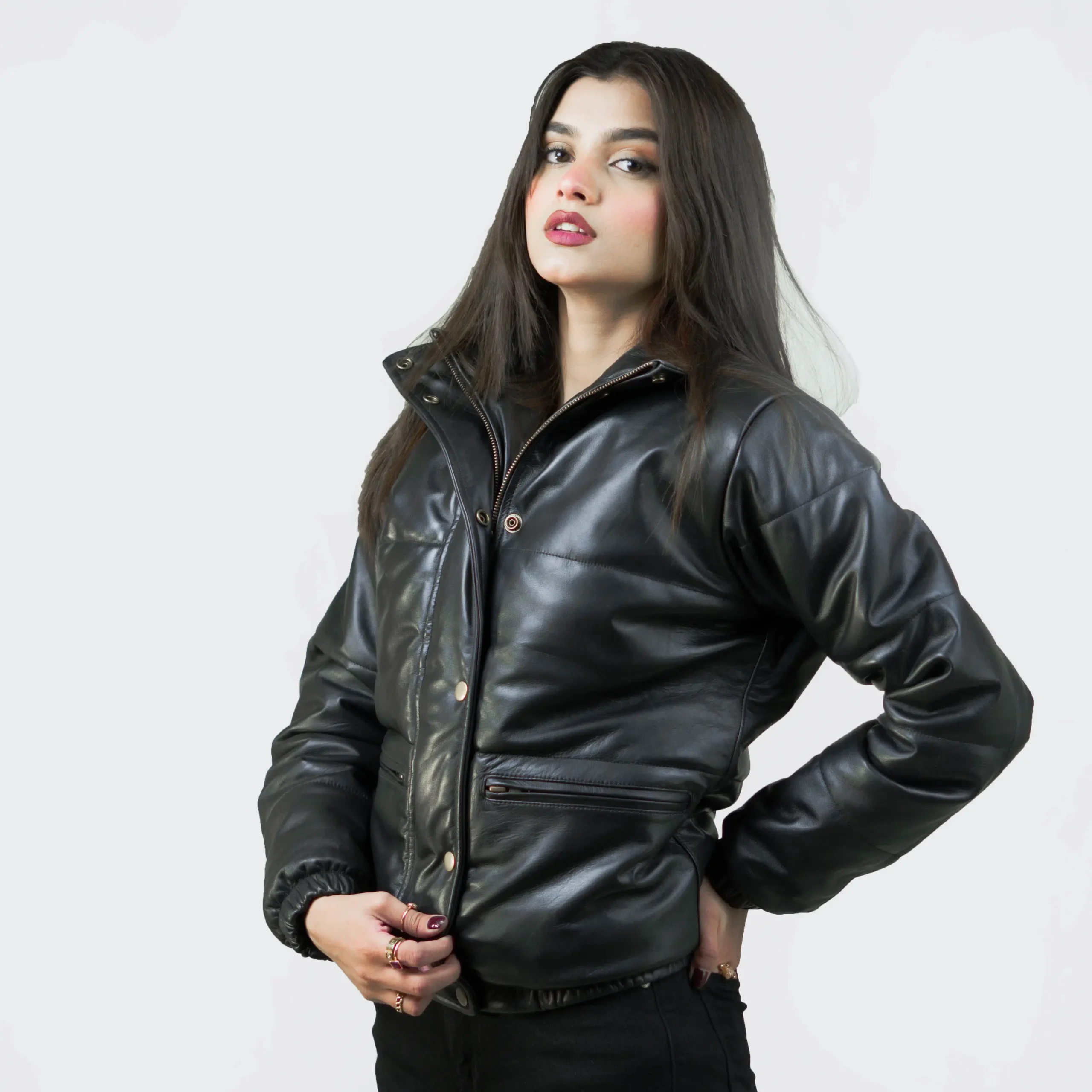 Women's Puffer Stand Collar Black Leather Jacket - Image 3