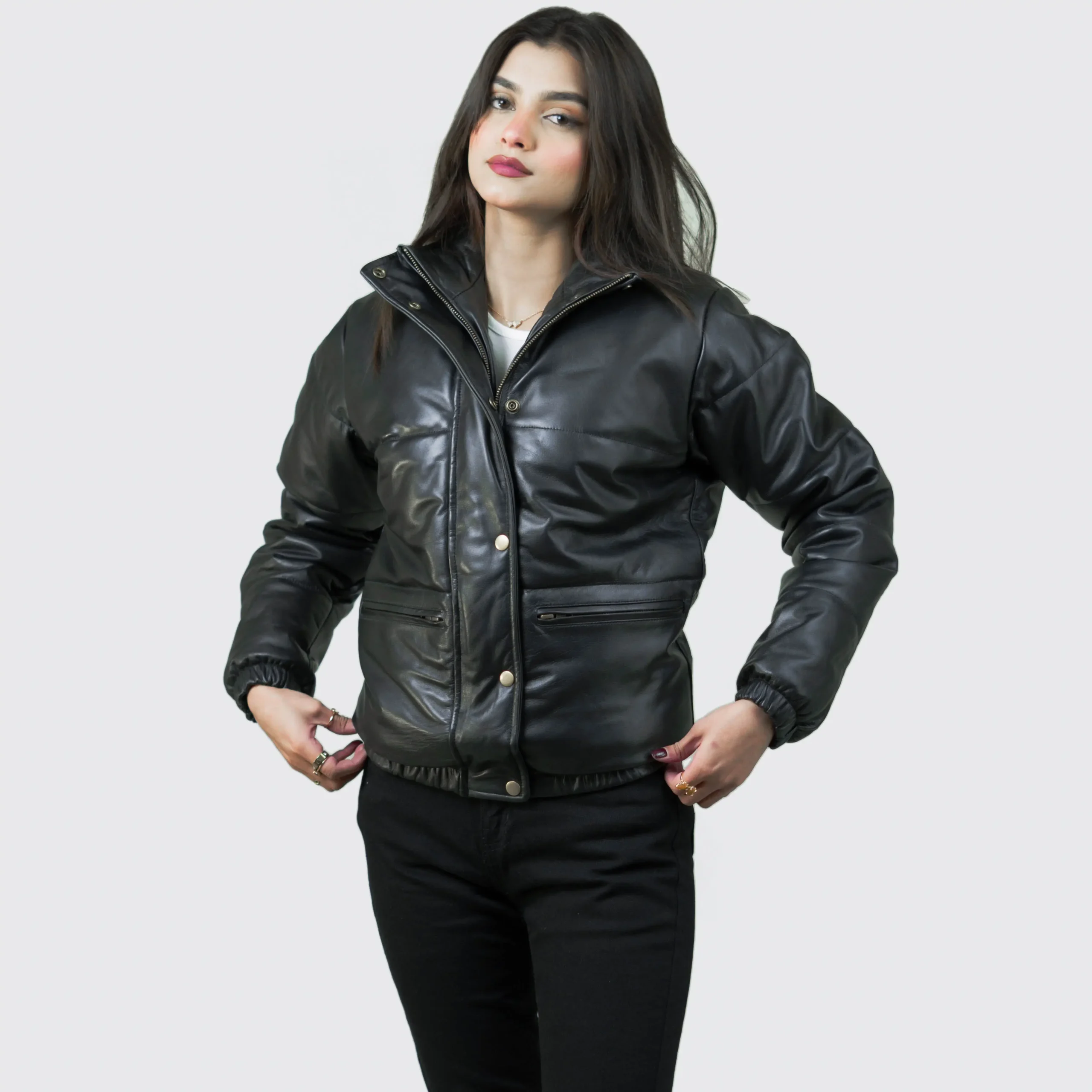 Women's Puffer Stand Collar Black Leather Jacket - Image 6