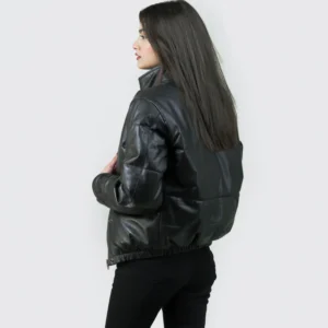 Alternative view of Women's Puffer Stand Collar Black Leather Jacket
