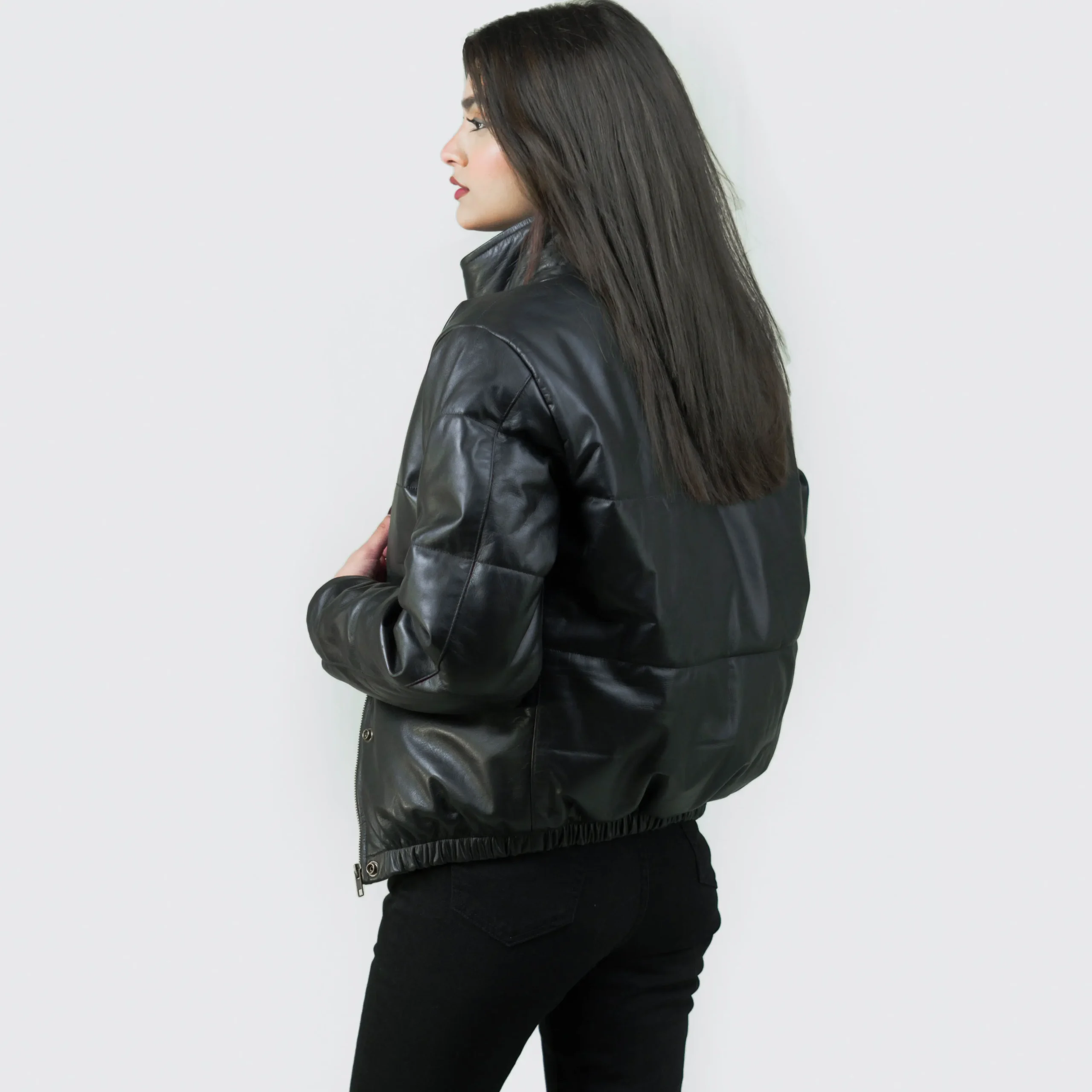 Women's Puffer Stand Collar Black Leather Jacket - Image 2