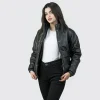 Women's Puffer Stand Collar Black Leather Jacket